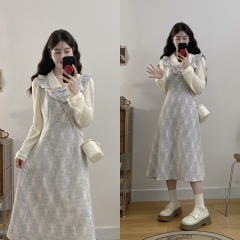 Plus size fat mm autumn and winter new style French style gentle temperament with fake two-piece dress