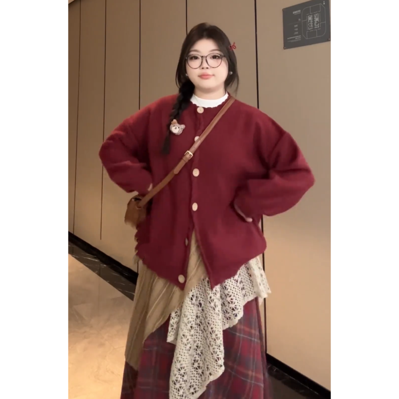 Plus size women's clothing Sweater long-sleeved cardigan jacket spliced ​​long skirt autumn and winter loose red retro suit