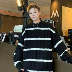 Lazy style striped sweaters for men and women in fall and winter loose thickened brushed waxy plush sweater jackets