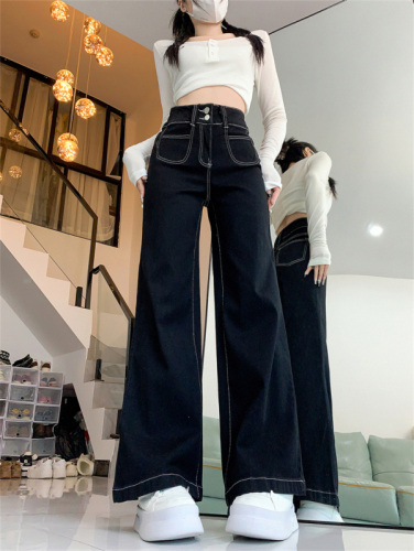 Black straight jeans for women autumn new large size fat mm loose slimming pear-shaped body high-waisted wide-leg pants