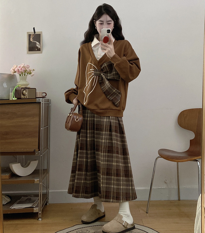 Plus size autumn and winter Korean style two-piece bow fake two-piece sweatshirt women's plaid skirt suit