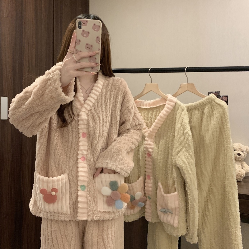 Large size velvet thickened furry pajamas home wear top + pants set