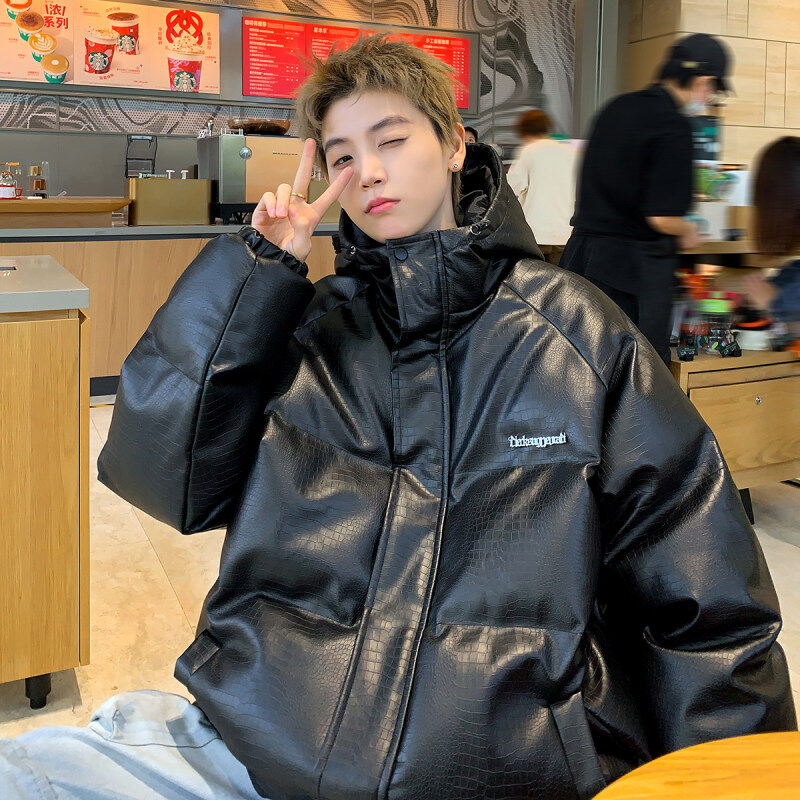 Hong Kong style hooded crocodile pattern metal decorative design large size trendy casual cotton coat for men
