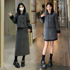 2024 winter hot style plus size women's small fragrant lapel double breasted cotton coat high waist slim skirt suit