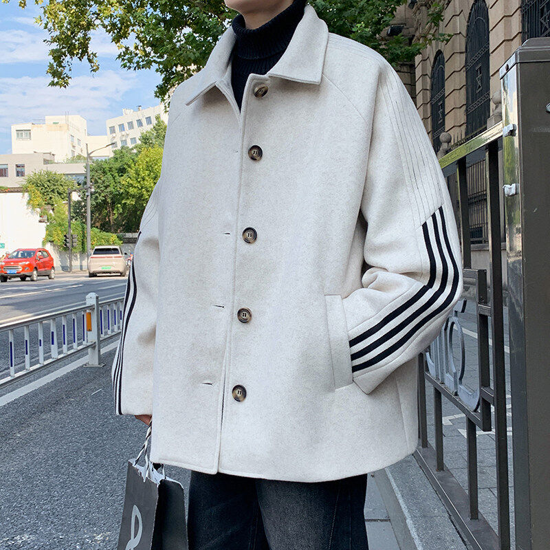 Men's winter Hong Kong style trendy coat woolen coat cotton thickened warm woolen coat