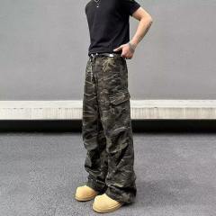 American retro design camouflage denim overalls loose bootcut jeans