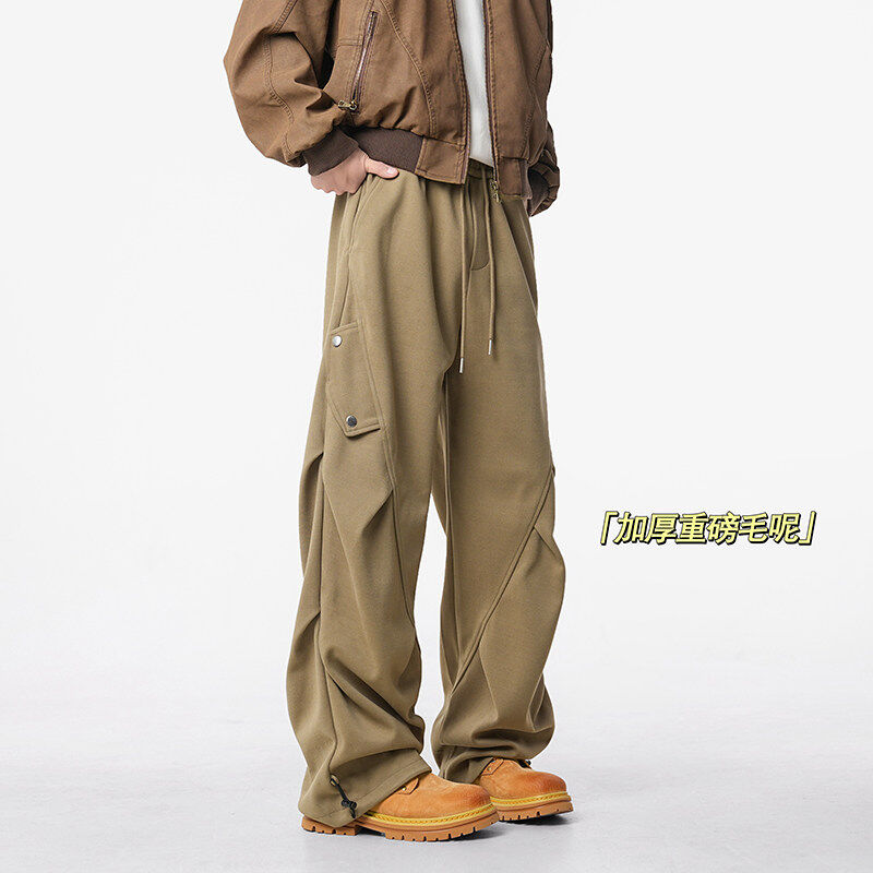 Sports workwear pants for men in autumn and winter, American style loose pleated design straight casual long pants