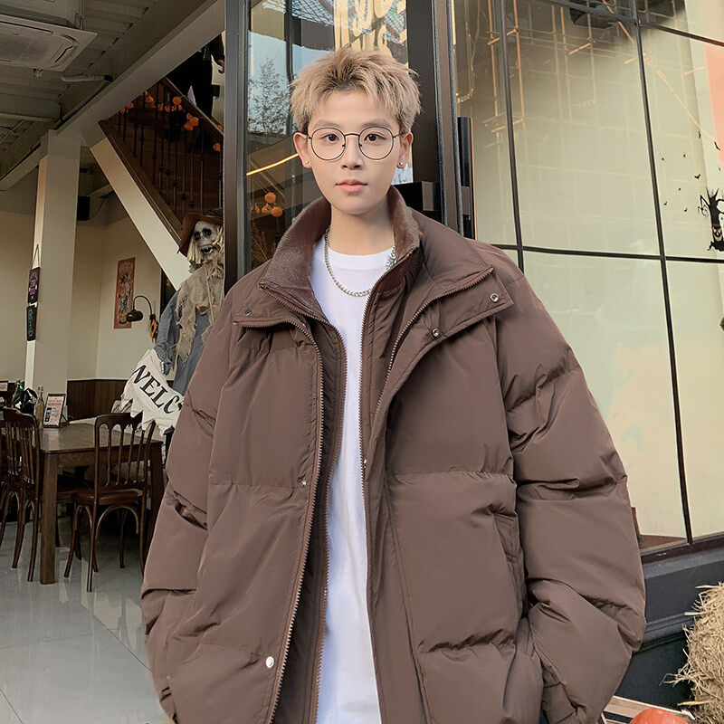 Fake two-piece double zipper PU cotton coat with stand collar thickened cotton jacket American retro bread coat
