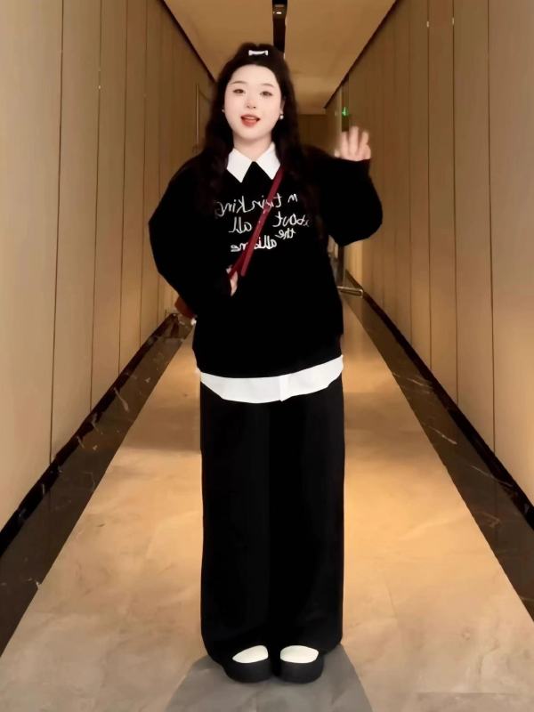 Korean new versatile slimming fake two-piece sweatshirt plus size women's clothing for fat mm