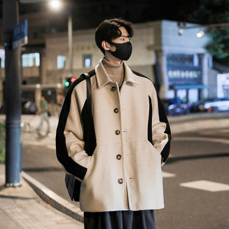 Winter Hong Kong style woolen coat, Korean style color matching jacket, woolen coat, cotton thickened coat