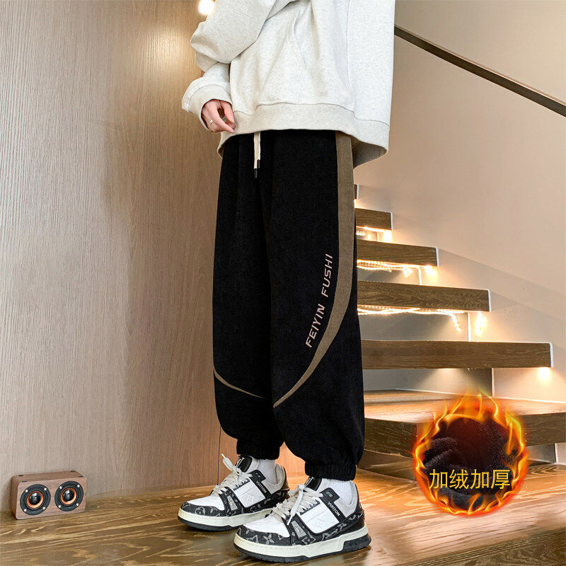 Winter thickened velvet embroidered European cotton velvet ultra-slim loose casual sports leggings for men