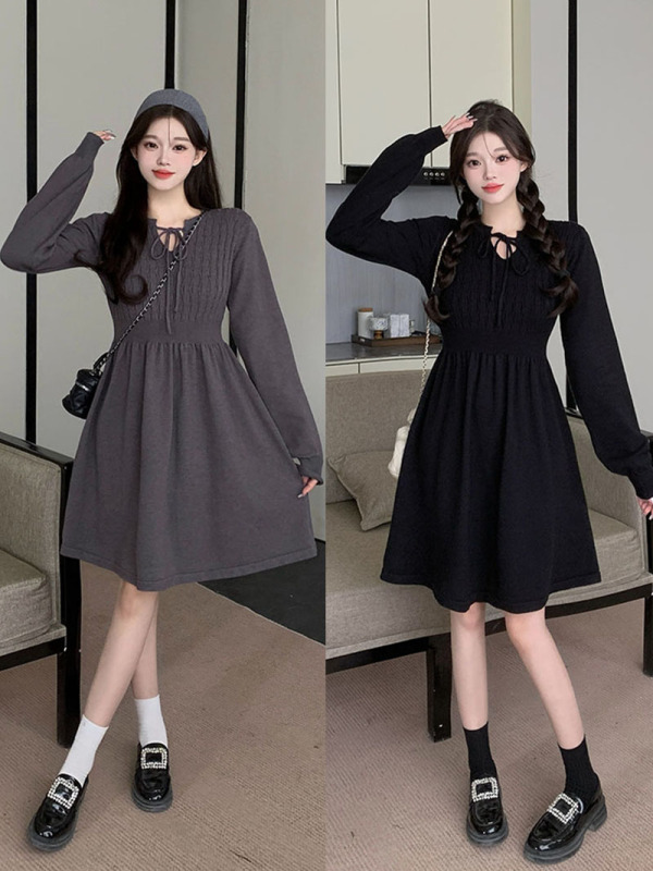2024 new autumn and winter new fat mm plus size women's sweet slim slim lazy lace-up sweater with dress