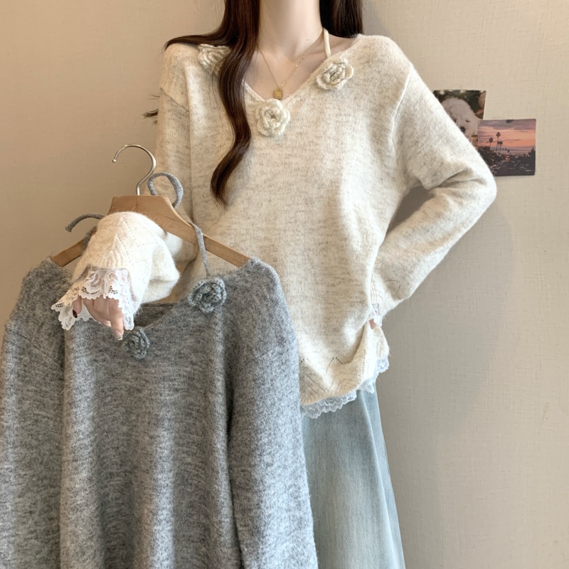 Three-dimensional flower lace splicing halter neck sweater for women in autumn and winter, large size fat girl, foreign style, age-reducing, lazy and slim sweater