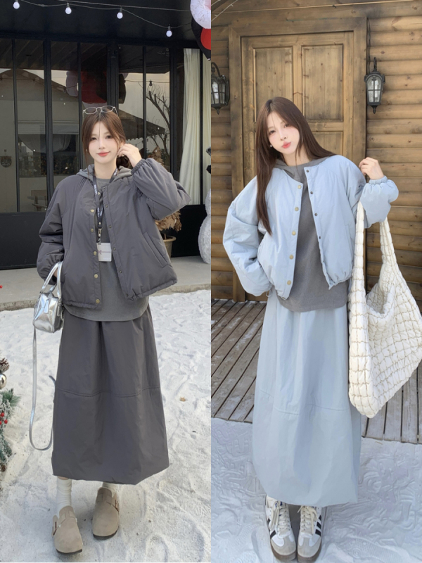 Large size versatile casual round collar quilted jacket + skirt + hooded bottoming three-piece set for women