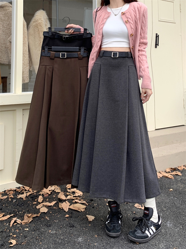Large size thickened woolen skirt, drapey A-line suit skirt, women's woolen woolen skirt that covers the flesh and looks slimming, pleated long skirt