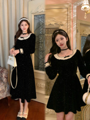 Plus size women's Hepburn style black dress long-sleeved retro French style autumn women's square neck dress