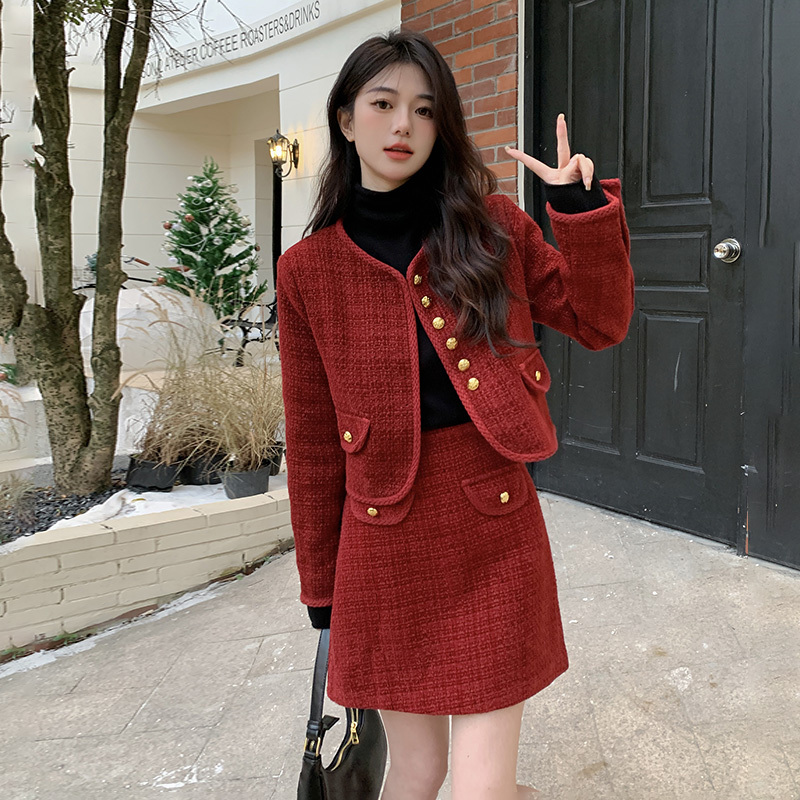 2024 winter new plus size women's clothing small fragrance French tweed cotton coat skirt two-piece set for women