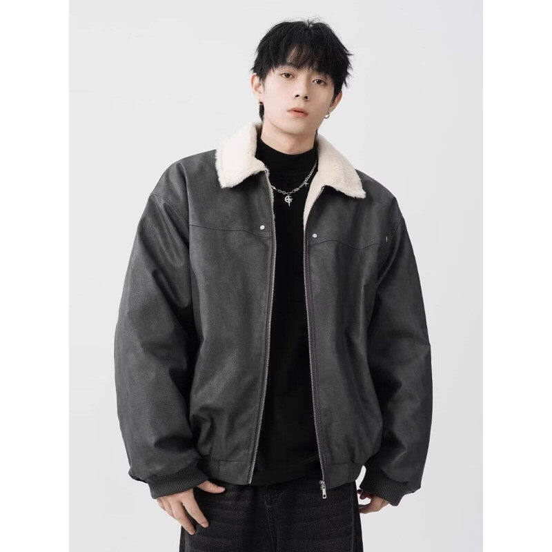 PU leather sherpa jacket cotton thickened warm lapel leather jacket