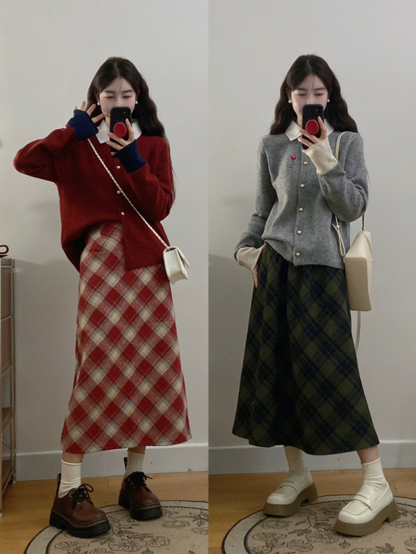Plus size women's autumn and winter two-piece design embroidery retro slim knitted sweater plaid skirt suit