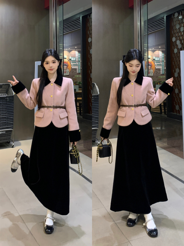 Plus size women's age-reducing small fragrance style doll collar padded jacket + waist slimming skirt suit