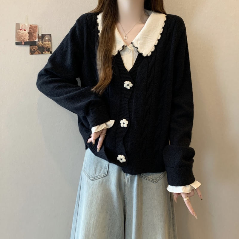 Large size fake two-piece knitted cardigan coat for women in autumn and winter twist sweater for fat mm to cover the flesh and look slimming