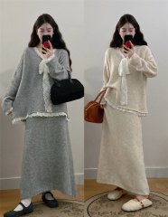 Large size autumn and winter new fat mm loose knitted V-neck lace sweater A-line skirt two-piece set