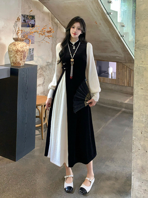 Plus size women's new Chinese style fake two piece dress female fat MM2024 autumn and winter new temperament skirt