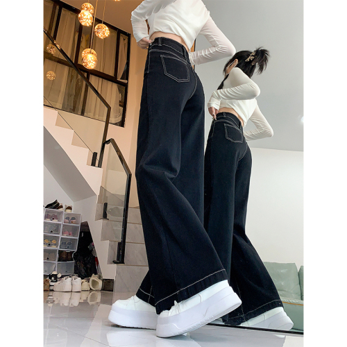 Black straight jeans for women autumn new large size fat mm loose slimming pear-shaped body high-waisted wide-leg pants