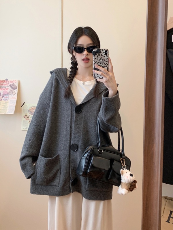 Large size lazy style knitted cardigan retro soft waxy hooded sweater coat fat girl covers the flesh and looks slimming top