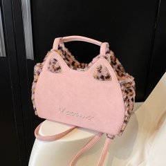 Korean style niche backpack women's 2024 new fashion leopard print contrast color cat small backpack winter furry bag