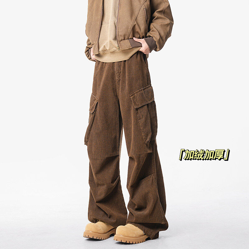American retro thickened corduroy casual pants for men, autumn and winter trendy brand loose wide-legged multi-pocket brown overalls