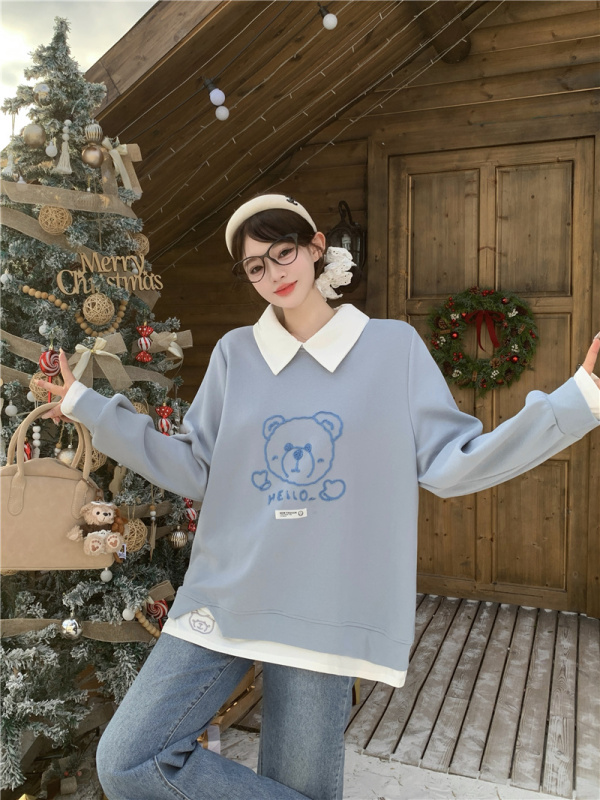 Large size contrasting color lapel sweatshirt with relaxed feeling and slimming bottoming shirt for women with autumn fat mm age-reducing college style top