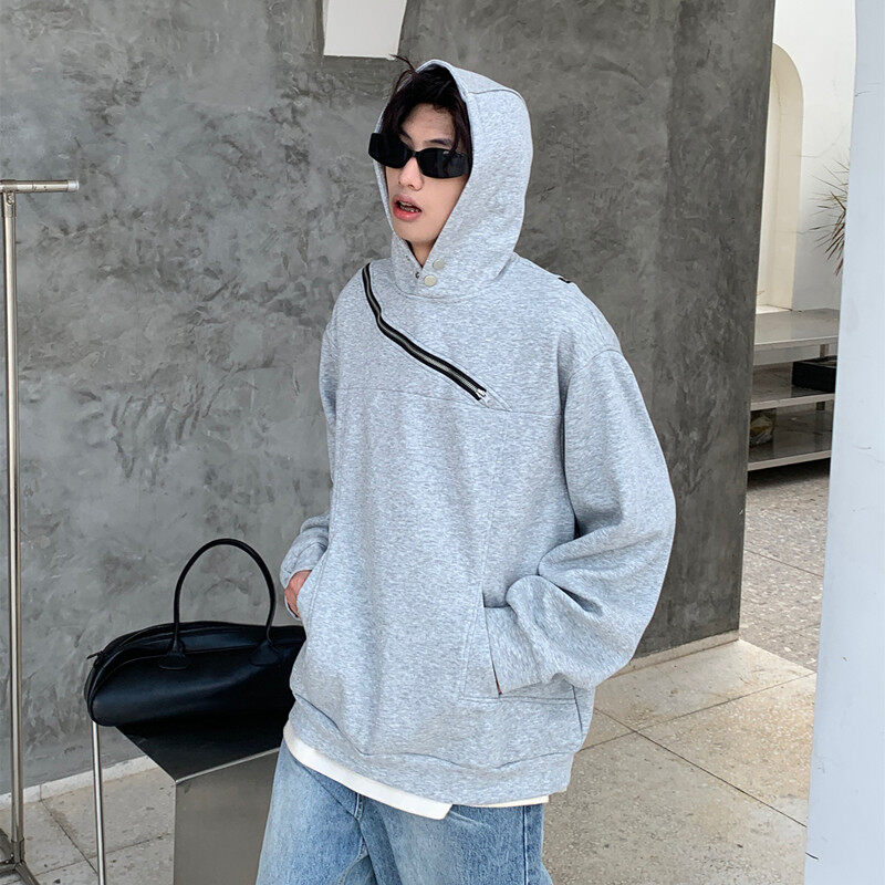 High Street Deconstructed Diagonal Zipper Irregular Heavy Hooded Sweatshirt