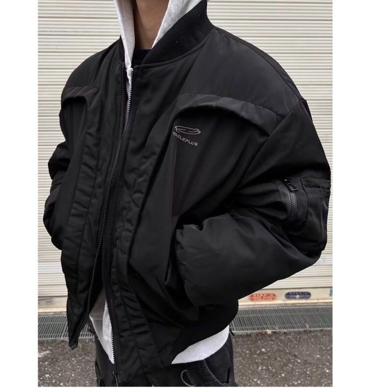 Winter deconstructed curved design niche short flight suit jacket thickened warm baseball cotton jacket trendy