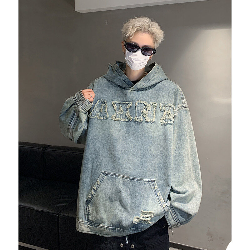 American retro couple hooded denim sweatshirt jacket men and women Hong Kong style loose jacket