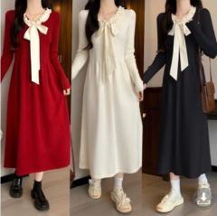 New large size V-neck knitted bow sweater long skirt slimming A-line over-the-knee bottoming dress
