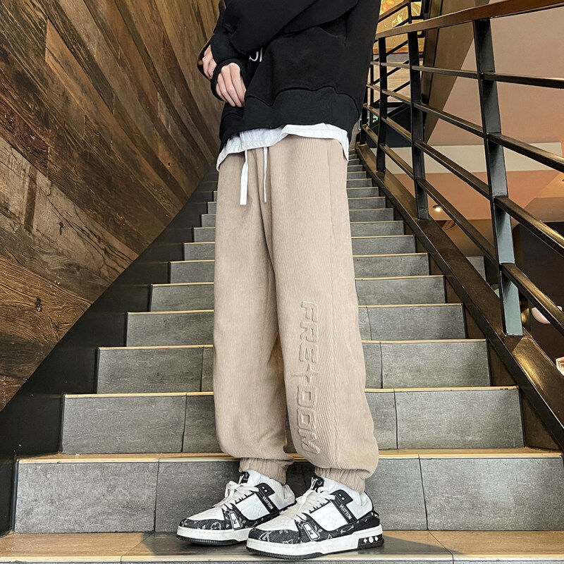 Concave-convex printed corduroy winter trousers for men plus velvet casual trousers for boys with ankle-length sweatpants