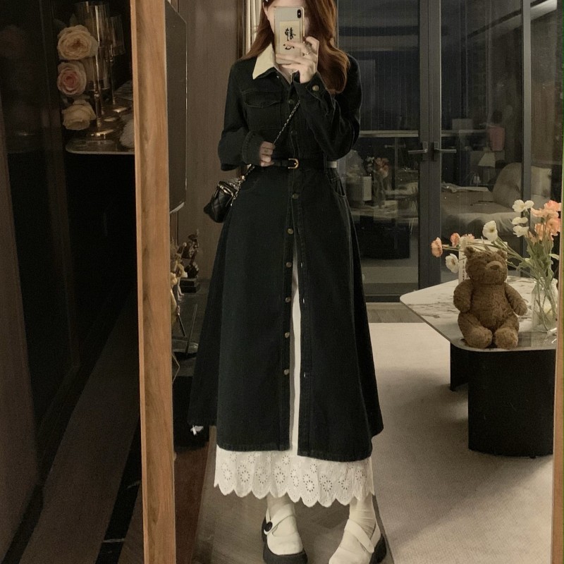 Large size autumn and winter fat girl French retro denim dress with detachable collar + simple inner skirt