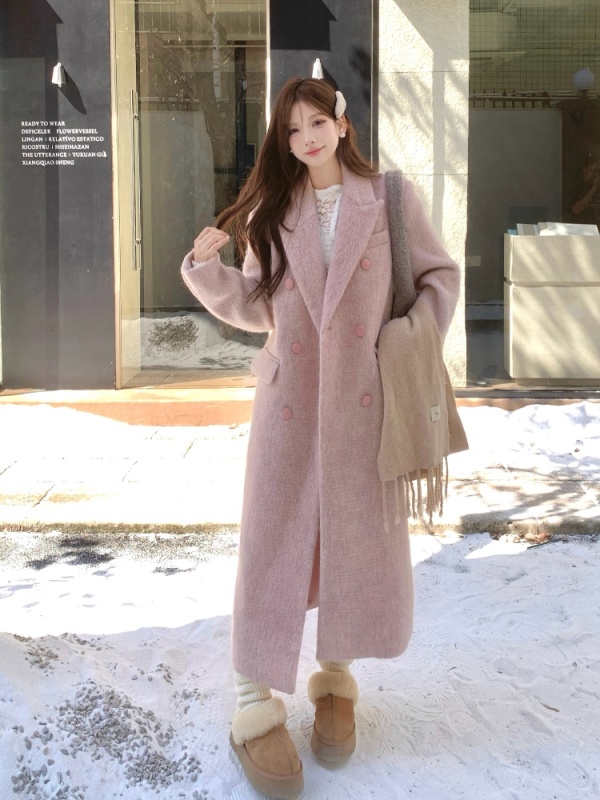 Thickened pink woolen coat for fat mm autumn and winter 2024 new high-end woolen quilted suit jacket