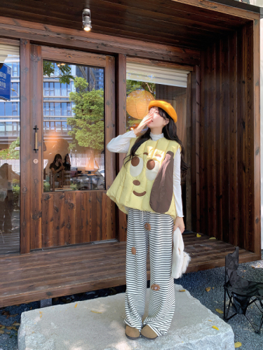 Large size cute cartoon cotton coat, cotton vest, sleeveless jacket + striped lazy style casual pants two-piece set
