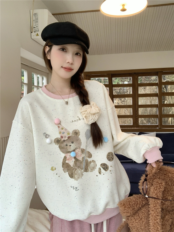Real shot of plus size ~ Autumn and winter plus velvet and thickened fat mm versatile long-sleeved bear print loose lazy round neck sweatshirt