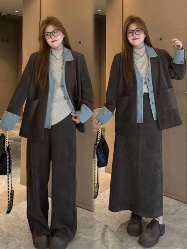 South Island Style Large Size Spliced ​​Denim Corduroy Jacket Women's Loose Slim Skirt Suit