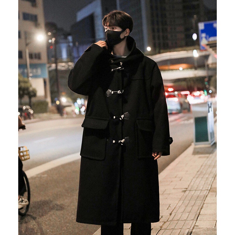 New style horn button woolen coat men's mid-length woolen windbreaker student coat loose