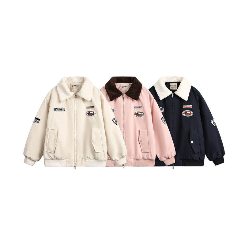 Winter lapel polar fleece cotton jacket with color matching and embroidered logo-