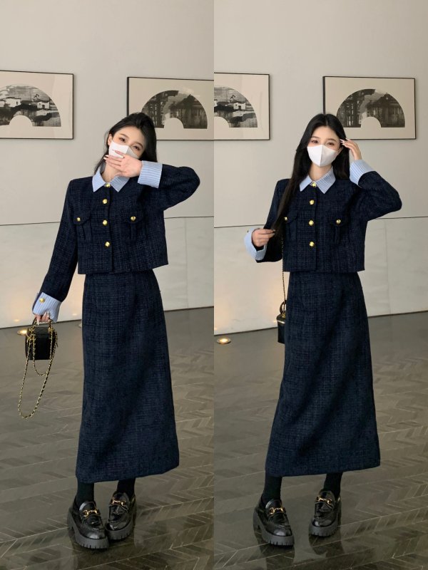 Plus size women's autumn and winter new style temperament high-end small fragrance style jacket high waist skirt two-piece set