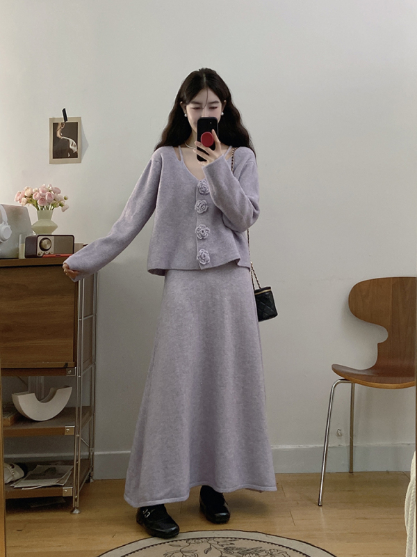 Plus size women's French style floral sweater knitted suit v-neck top + high waist skirt