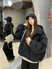 New autumn and winter double zipper thickened hooded cotton coat