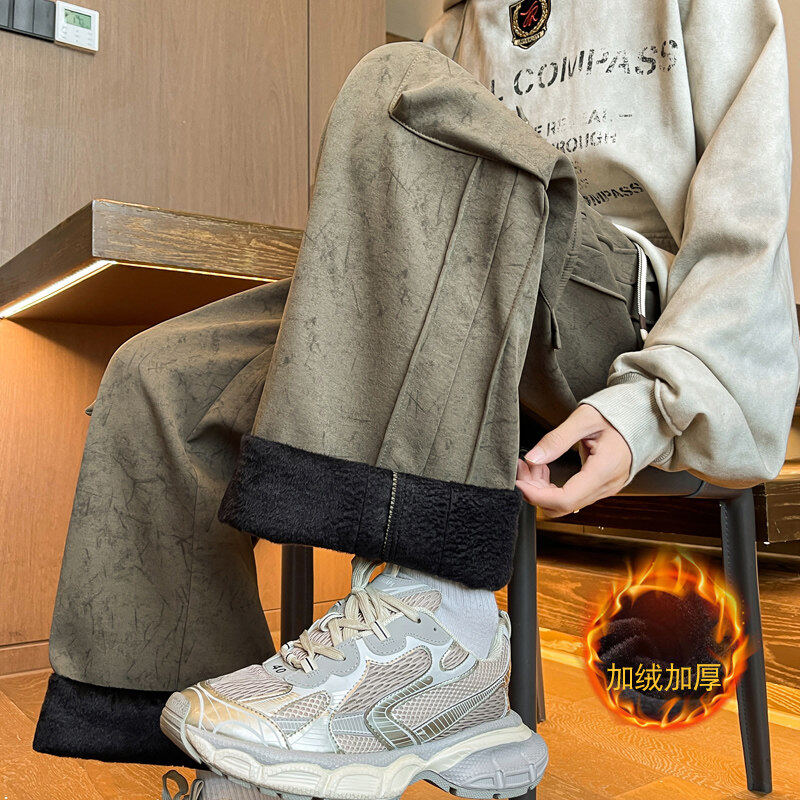 Winter new style plus velvet and thickened casual floor mopping straight pants men's loose tie-dyed dirty cloth overalls