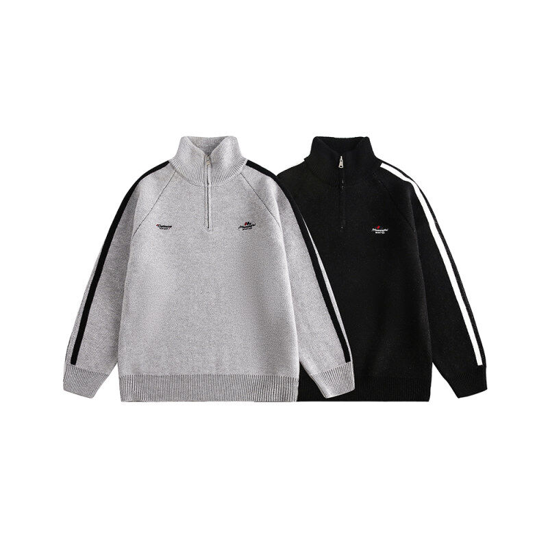 800g arctic velvet side stripe embroidered half-zip stand-up collar sweater