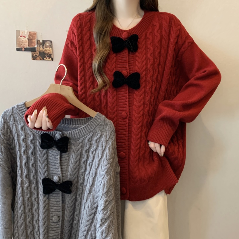 Large size fat mm autumn and winter new style bow detachable twist soft waxy knitted New Year and Christmas sweater jacket